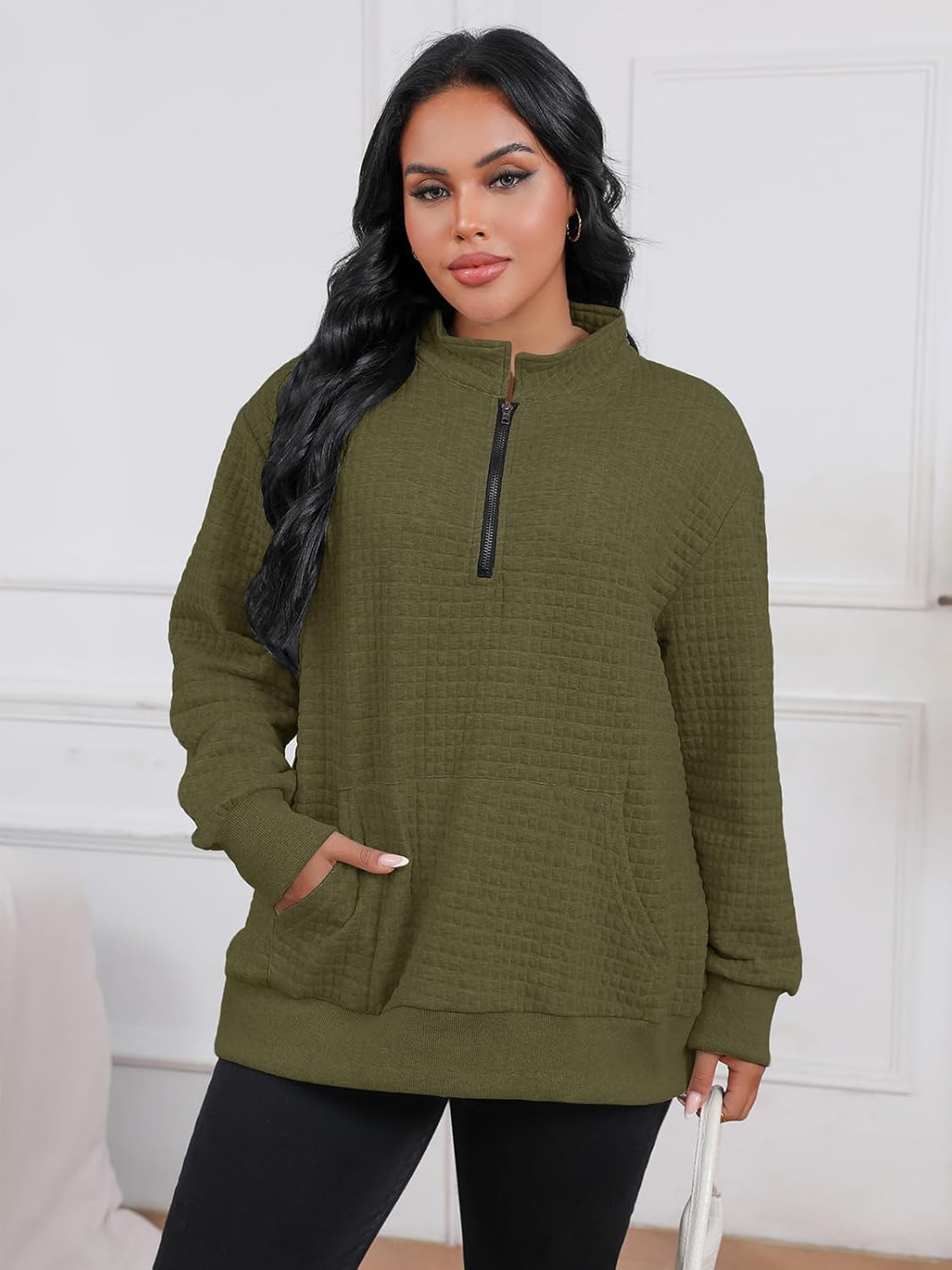 Plus Size Sweatshirts For Women Half Zip Long Sleeve Casual Fall Pockets Pullover Oversized Drop Shoulder Top - Image 2