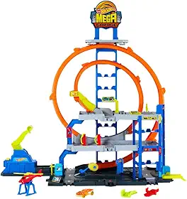 Garagem 3 andares com looping duplo, lava-rápido, elevador, helicóptero e espaço para 37 carrinhos. Diversão radical com Hot Wheels Mega Garage!
