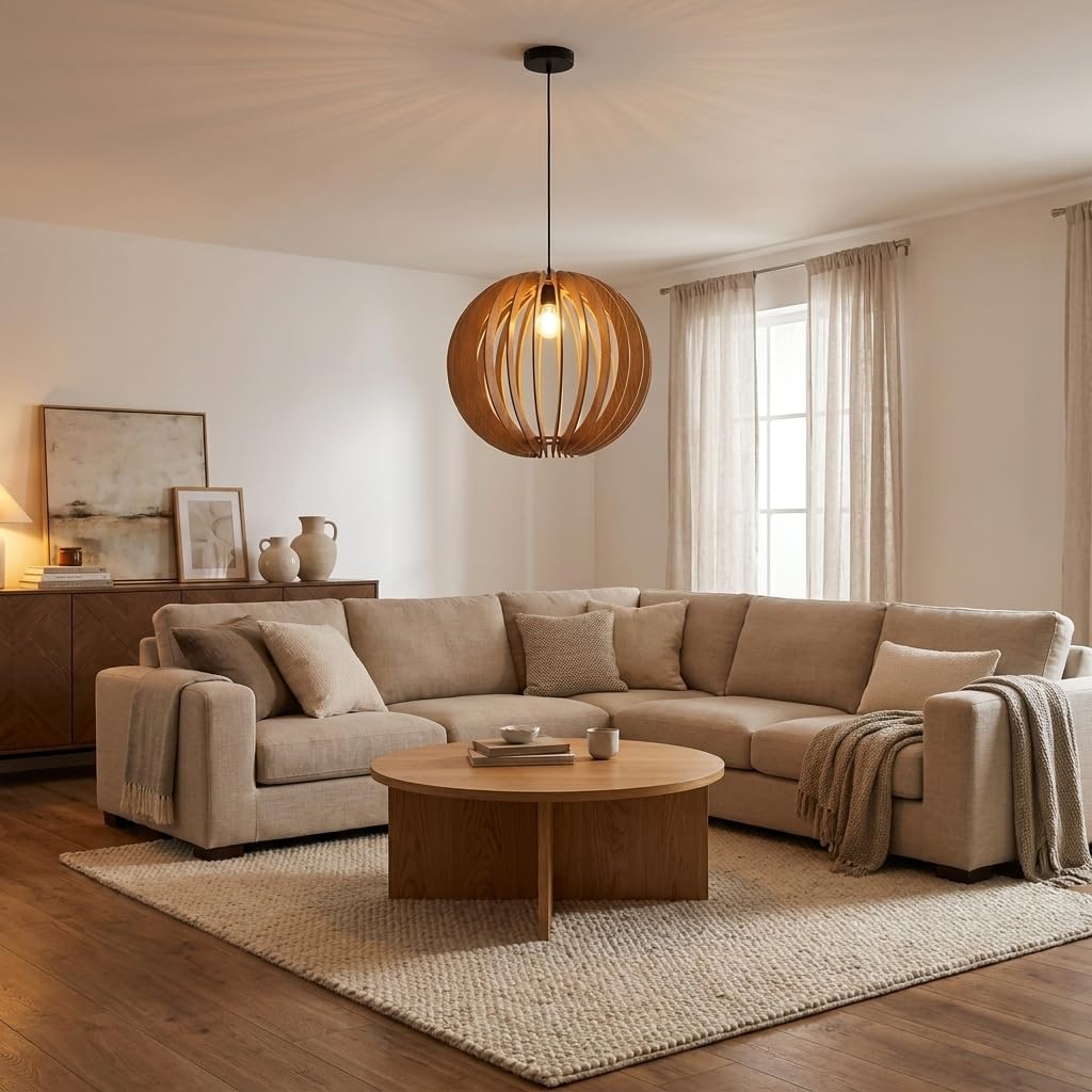 BARCELONA LED Lampa Wisząca BURMA Ø45 cm z Drewna MDF | Kulisty Klosz w Naturalnym Wykończeniu | Oprawka E27 Max. 40W | Regulowana Wysokość | Lampa Sufitowa do Salonu, Jadalni i Sypialni