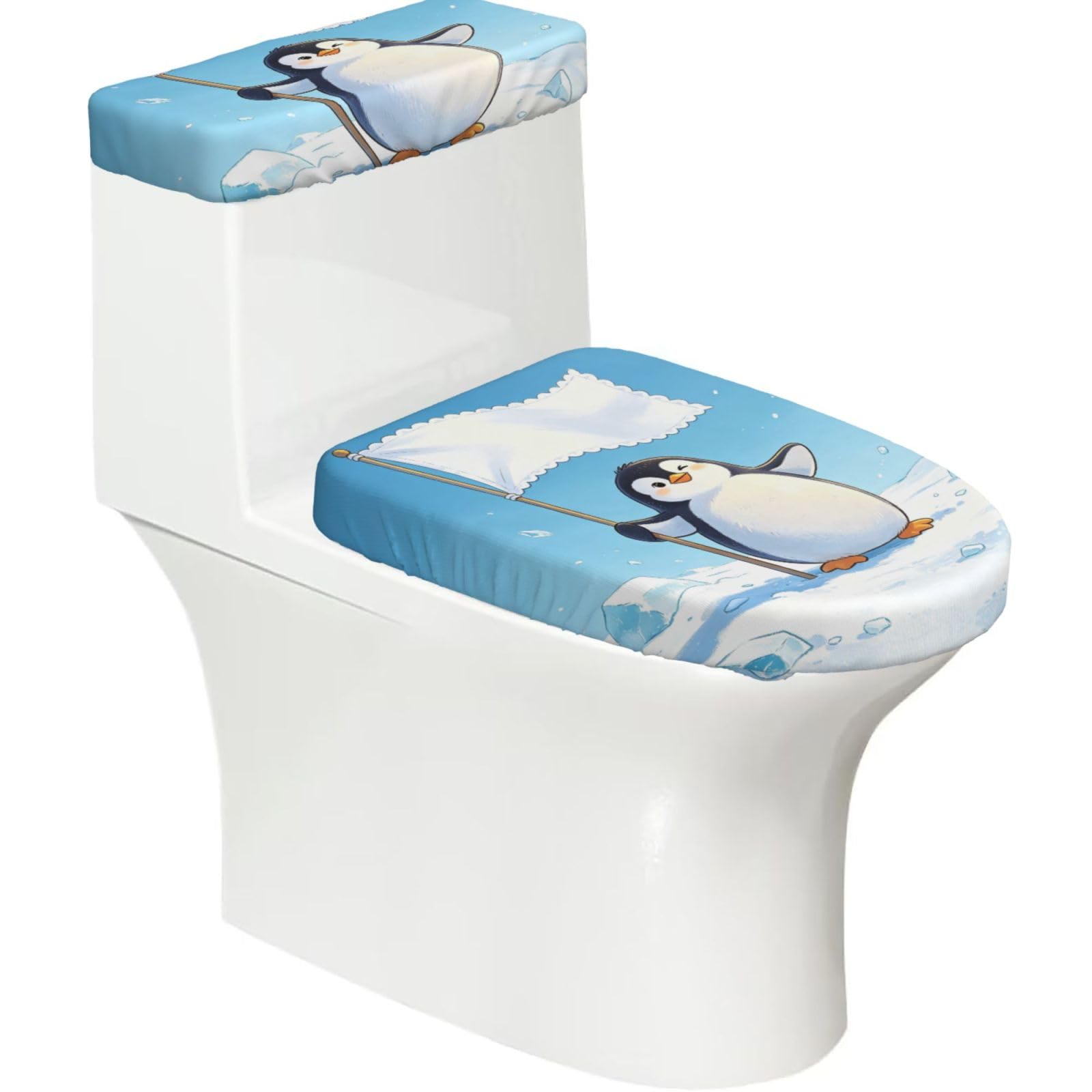 Penguin Surrender Elastic Toilet Cover Set of 2-Stretchy Lid and Tank Covers for Bathroom, Soft Washable U Shape Toilet Decor