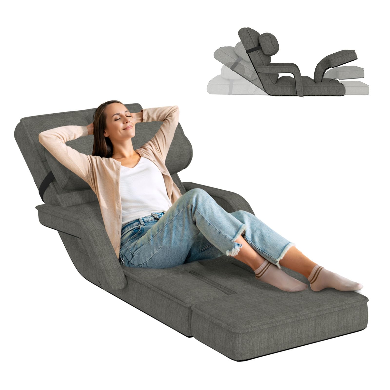 YODOLLA Floor Folding Lazy Chair Adjustable Armrest Footrest,Charcoal Grey