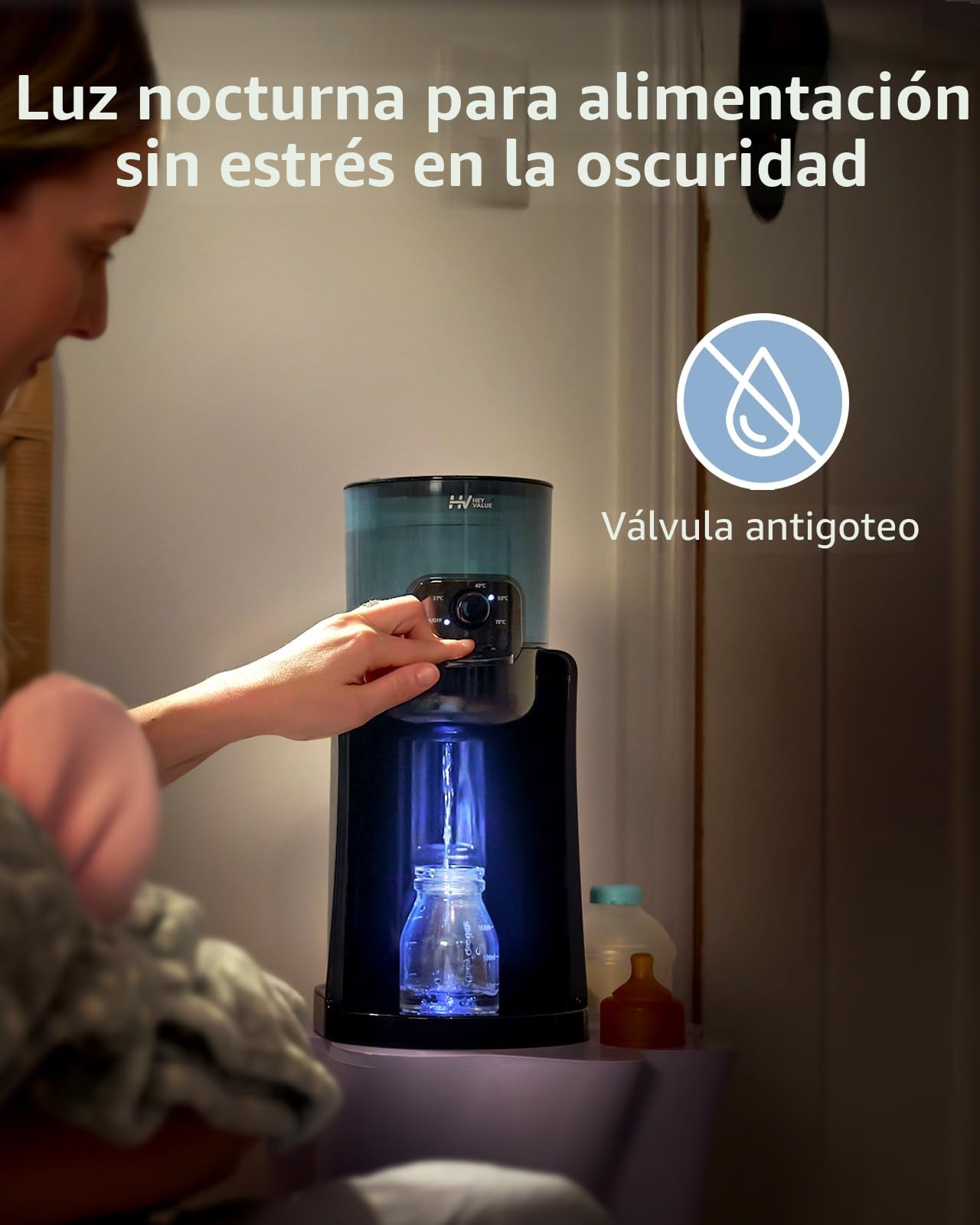 HEYVALUE Preparador de Biberones Instantáneo, Calentador de Agua para Leche de Fórmula, Listo en 25s 4 Temperaturas (37-70°C) Termostato 72H, Dispensador de Agua para Bebés sin BPA, Luz Nocturna Negro