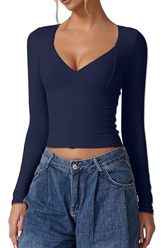 Vozobi Women's V Neck T Shirts Long Sleeves Double Lined Slim Fit Sexy Y2K Tee Seamed Cup Going Out Tops - Dark Blue - Small
