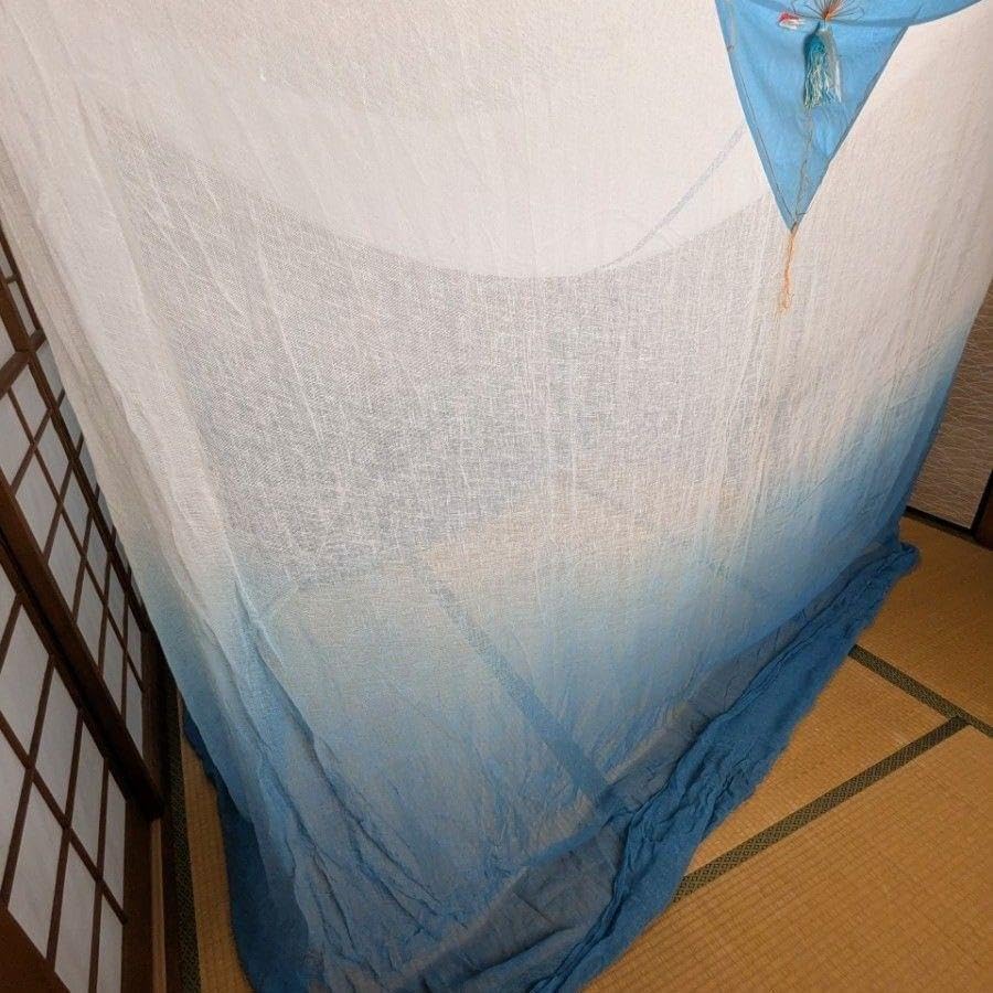 月印 本麻の蚊帳 4.5畳用 白×藍色グラデーション ヴィンテージ品