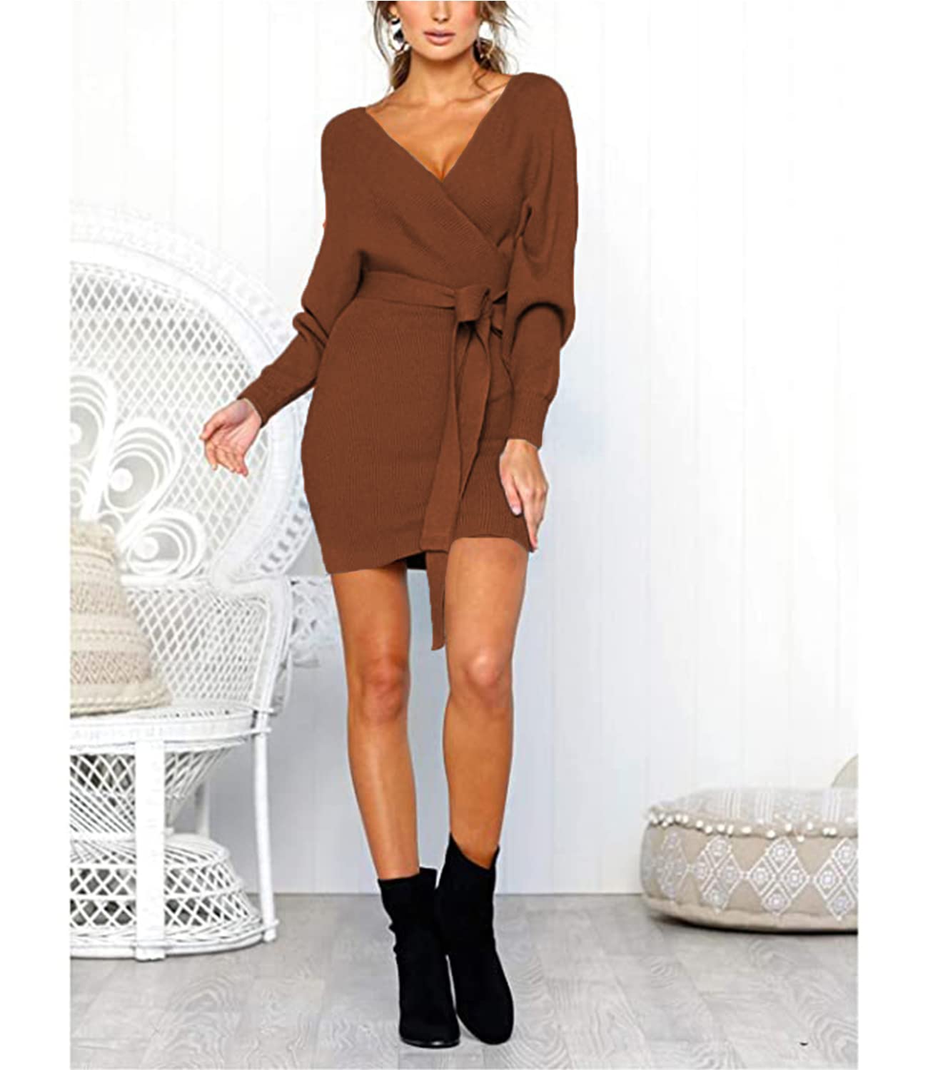 Mansy Women's Sexy Cocktail Batwing Long Sleeve Backless Mock Wrap Knit Sweater Mini Dress