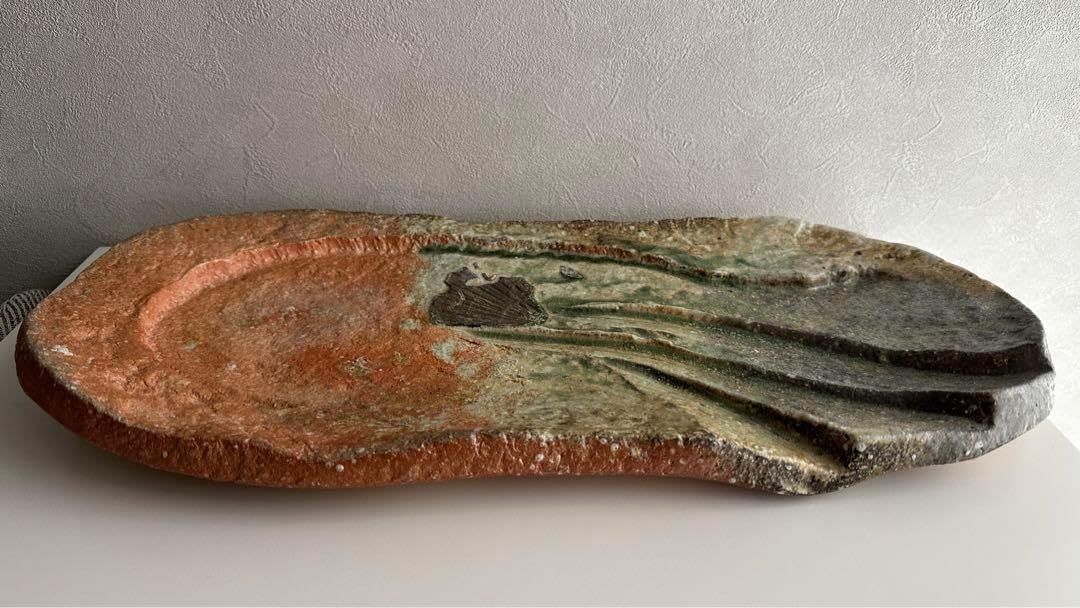 藤岡周平 伊賀 刻文 楕円皿 共箱 藤岡周平 伊賀 刻文 楕円皿 共箱