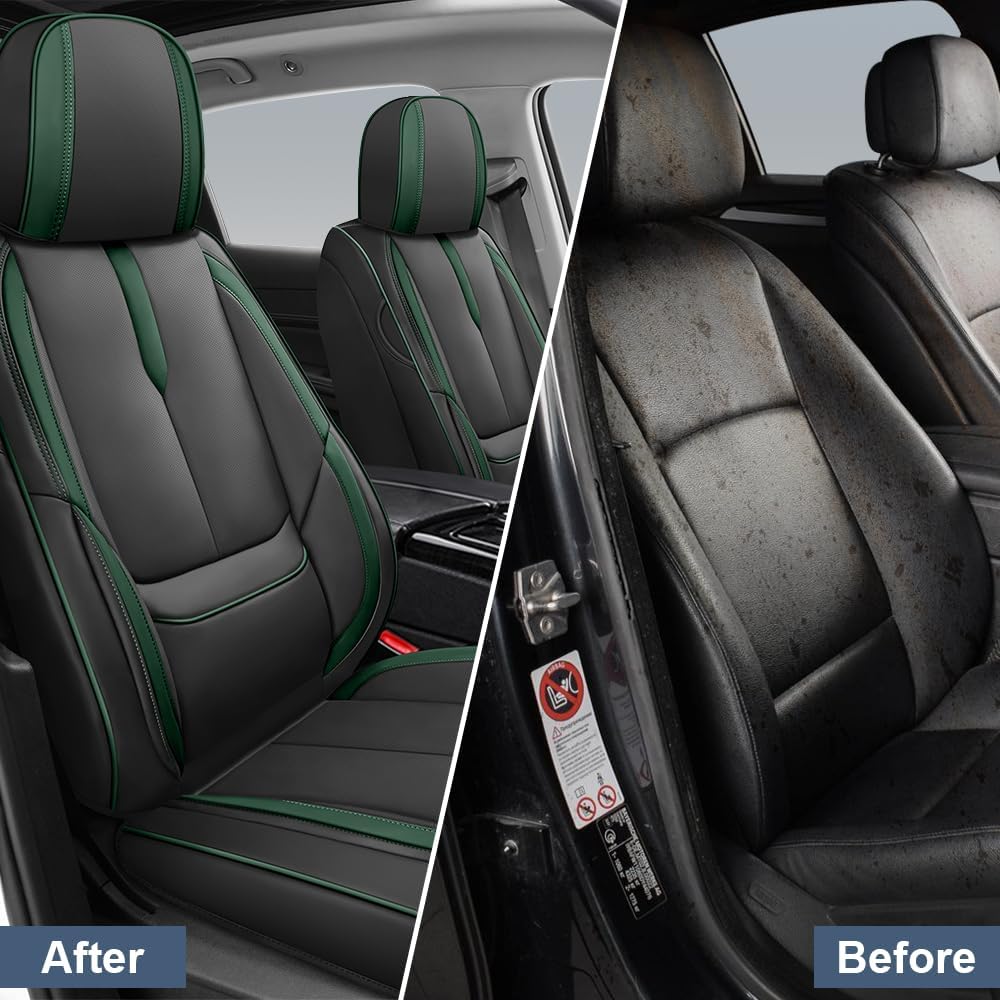 Car Seat Covers for Subaru Outback 2000-2025, Full Coverage,Nappa Leather Seat Covers with Lumbar Support,Waterproof&Anti Scratch All Season Protector(Front Set,Black-Green)