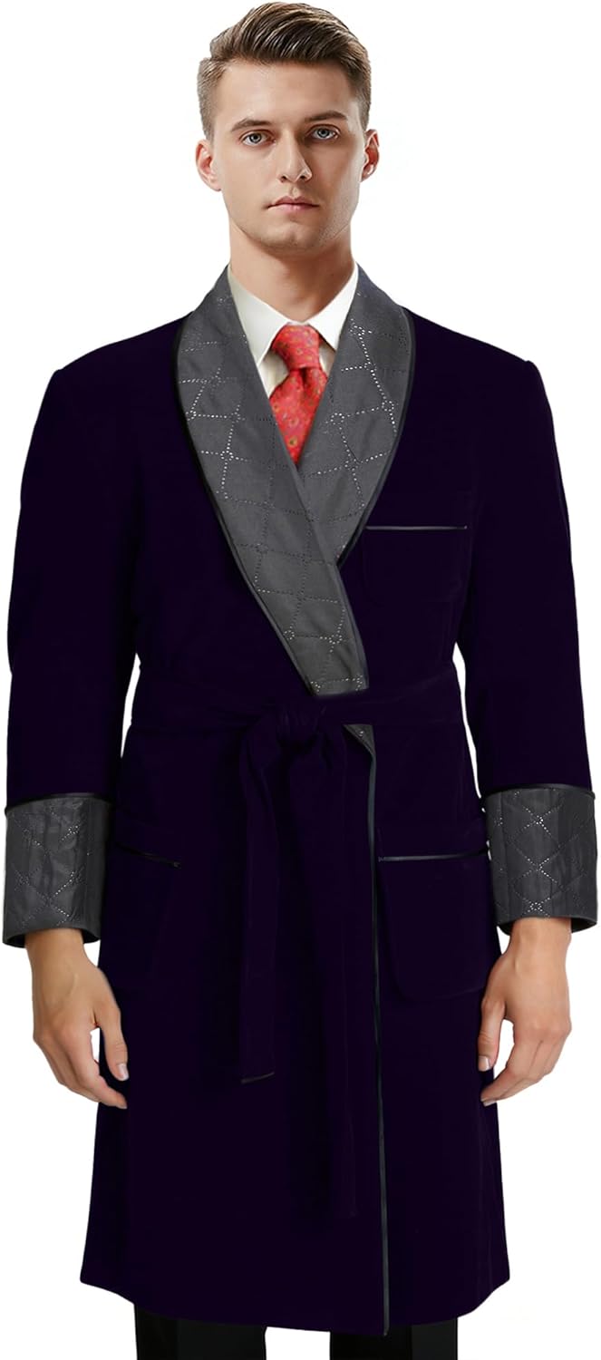 Men's Long Velvet Smoking Jacket Smoking Robe with Belt Shawl Lapel Quilted Dressing Gown
