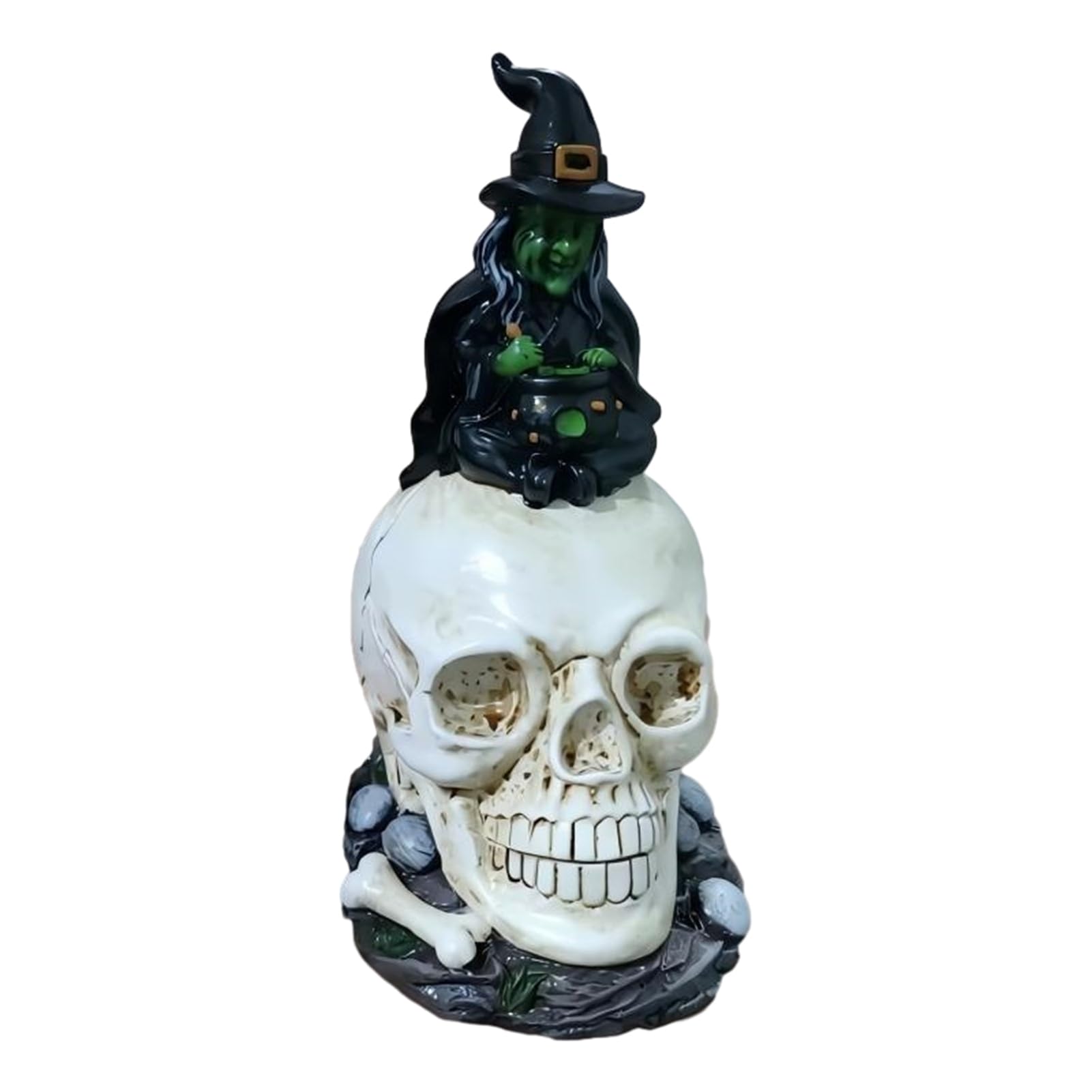 pidodou Halloween Skull Statue Spooky Resin Witch Figurine Gothic Skeleton Sculpture 13cm Desktop Home Office Decor with USB Light Power SupplyWithout Light