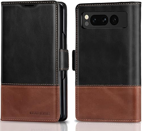 KEZiHOME Funda para Google Pixel Fold, cuero genuino [bloqueo RFID] Funda tipo cartera con ranuras para tarjetas, función atril y tapa protectora