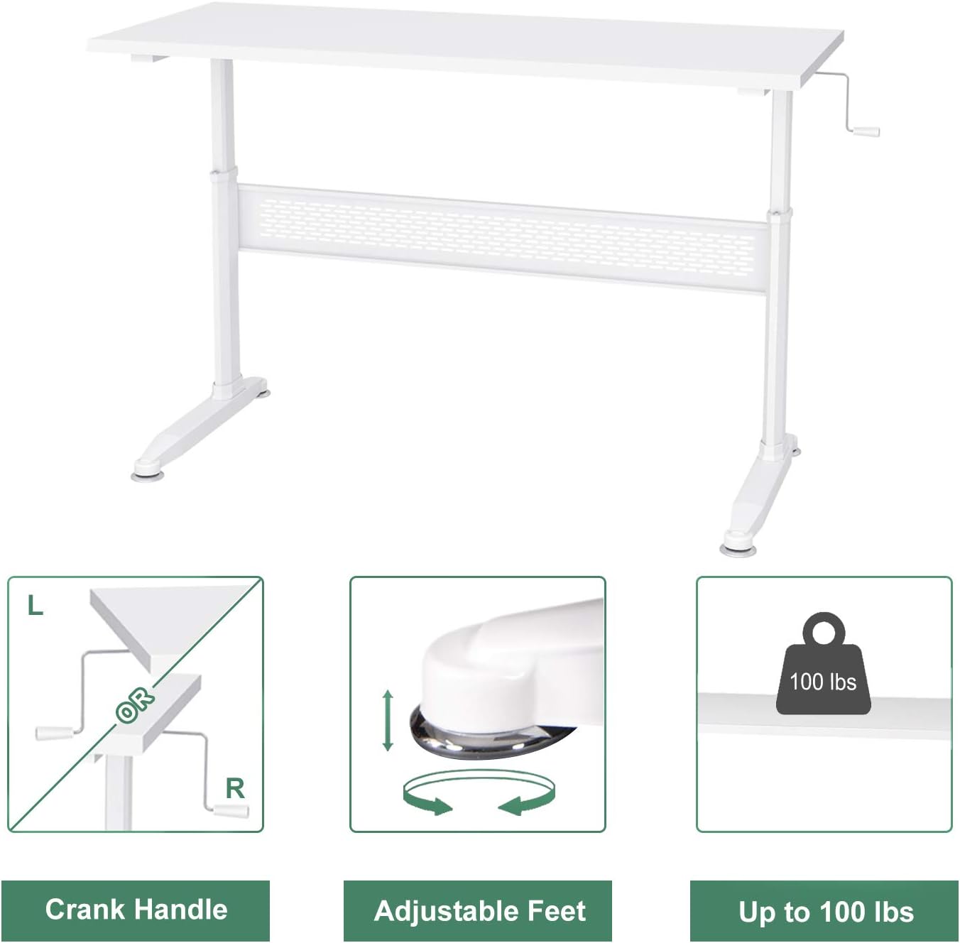 Close-up view of the desk's crank handle, adjustable feet, and a 100 lbs weight capacity icon.