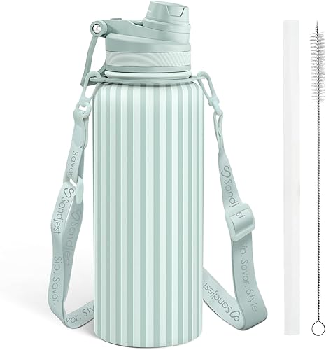 Miniatura 15 de SANDJEST Botella de agua de acero inoxidable con correa de 32 onzas, botellas aisladas con popote y tapa de boquilla para gimnasio, deportes, viajes