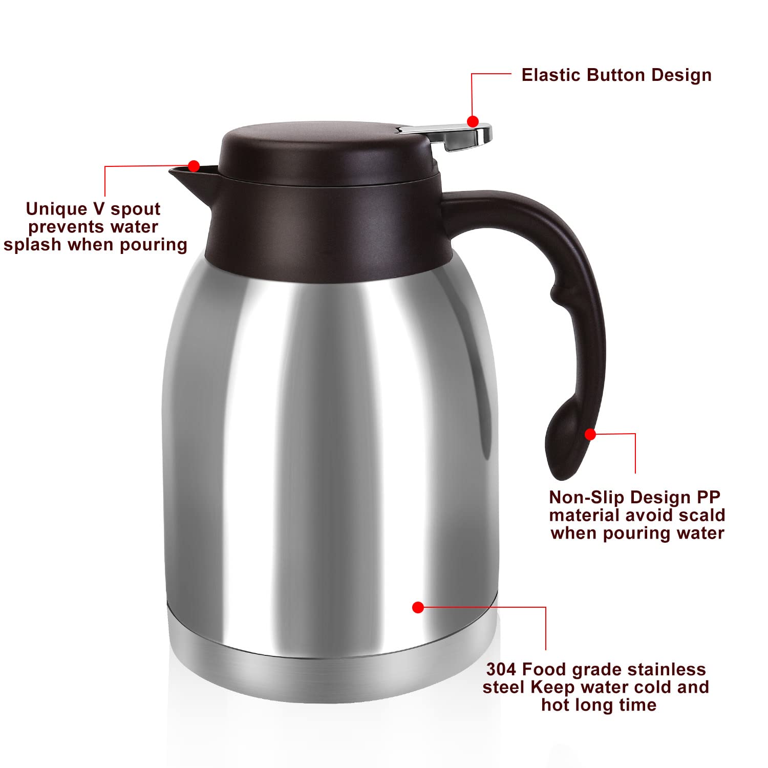 Thermo-Kaffeekaraffe aus Edelstahl, unzerbrechlich, doppelwandig, Vakuum-Thermosflasche, 1,6 l, Wasser-Teekanne, Getränkekrug für kalte Getränke im Sommer (klassisches Silber)