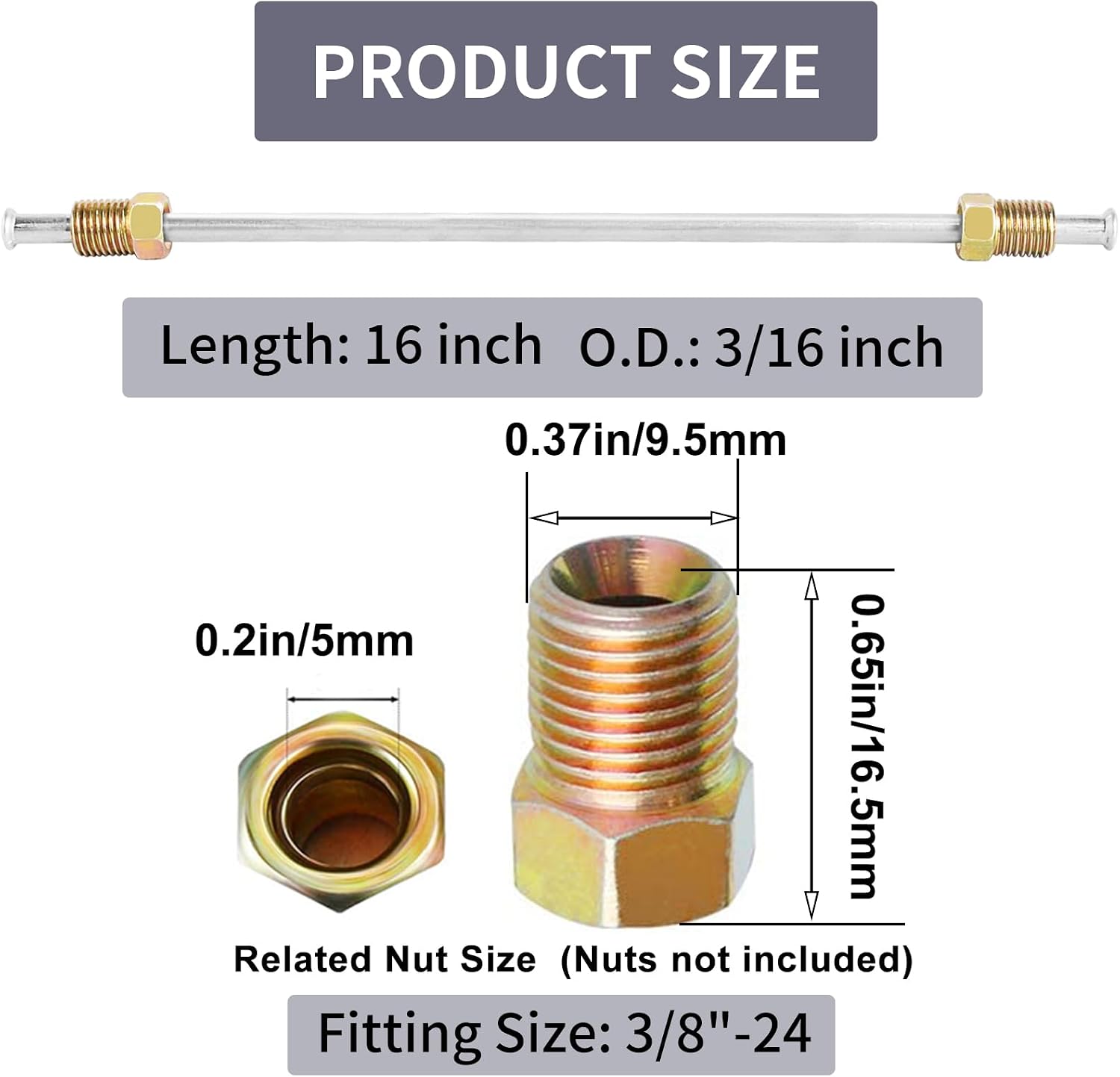 MuHize Rust-Proof Brake Lines Direct Fit - 16" 3/16" Zinc-Coated Steel Tubing w/Double Flares & 2 Unions | Brake Lines Kit for Car, Truck, SUV (3-Piece Set)