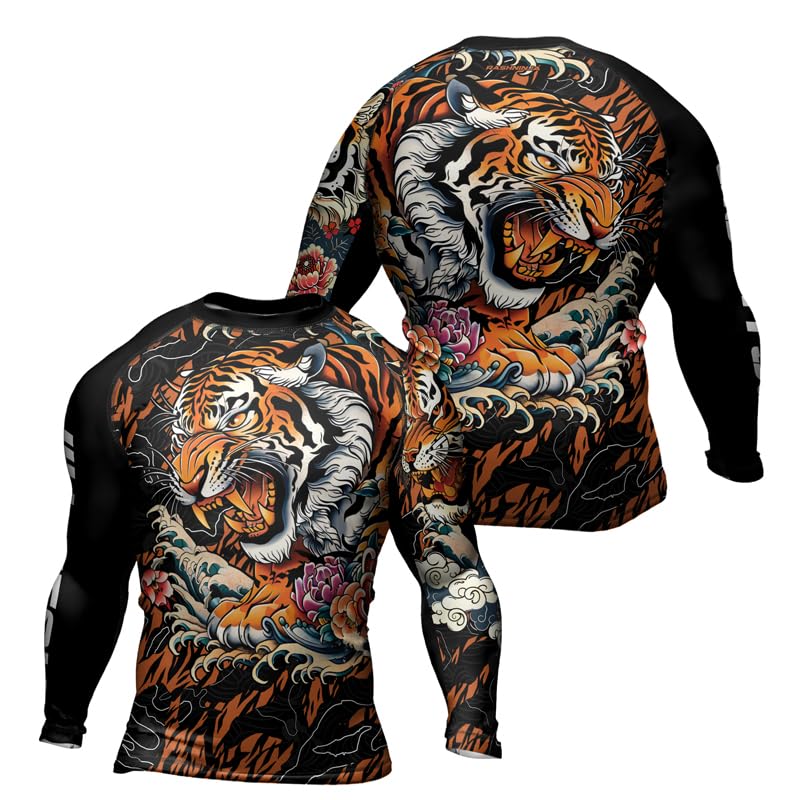 Tiger Compression Rash Guard Men's Long Sleeve Ultra-Tight Stretchable Baselayer Shirt for BJJ Jiu Jitsu Muay Thai