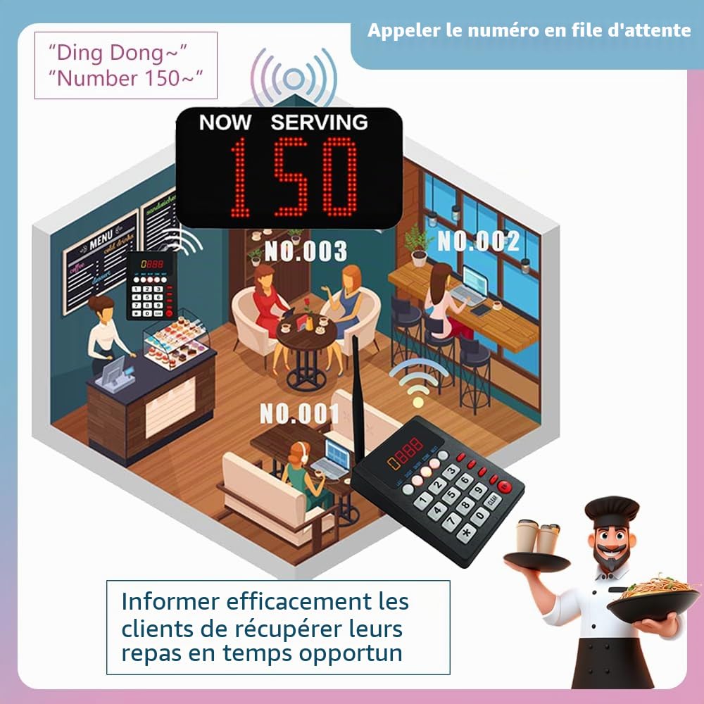 Gestion File d'Attente,Écran Appel de Numero pour Numéro File d’Attente, Systeme Aappel Client,Teleavertisseur Restaurant,Systeme d'Appel Salle d'Attente(1 Affichage+1 Clavier)