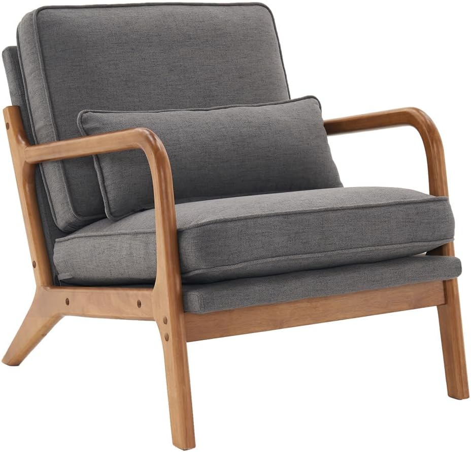Accent Chair, Mid-Century Modern Upholstered Armchair with Lumbar Pillow, Comfy Lounge Chair Reading Chair with Solid Wood Frame & Soft Cushion for Living Room, Bedroom, Balcony, Dark Grey