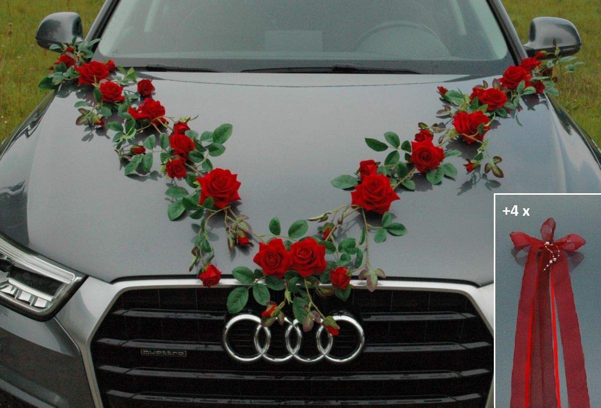 TOPDEKO Autoshmuck perfekte Samtrosen, natürliche Rosenblätter, höchste Qualität Braut Paar Rose Deko Dekoration Hochzeit Car Auto Wedding (RG rot)