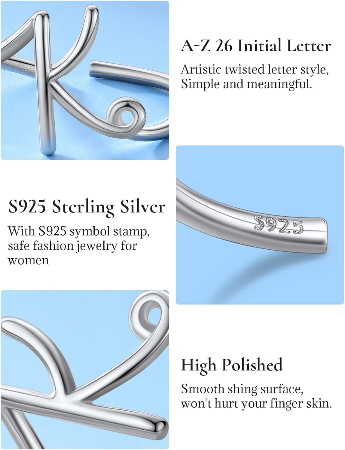 SILVERCUTE S925 Initial Rings, Adjustable Size 6-12 Statement Alphabet Letter A-Z Jewelry Personalized Twisted Initials Rings Sterling Silver Stacking Ring for Women - Image 4