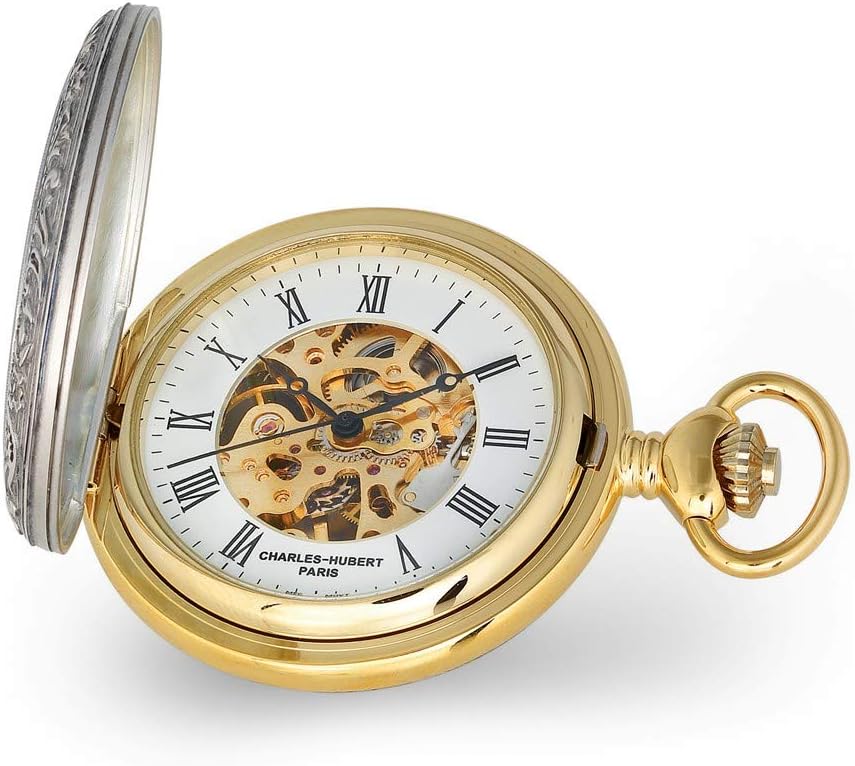 Sonia Jewels Charles Hubert 2-Tone Shield Hunter Case Skeleton Dial Pocket Watch 14.5" (Width = 5mm)