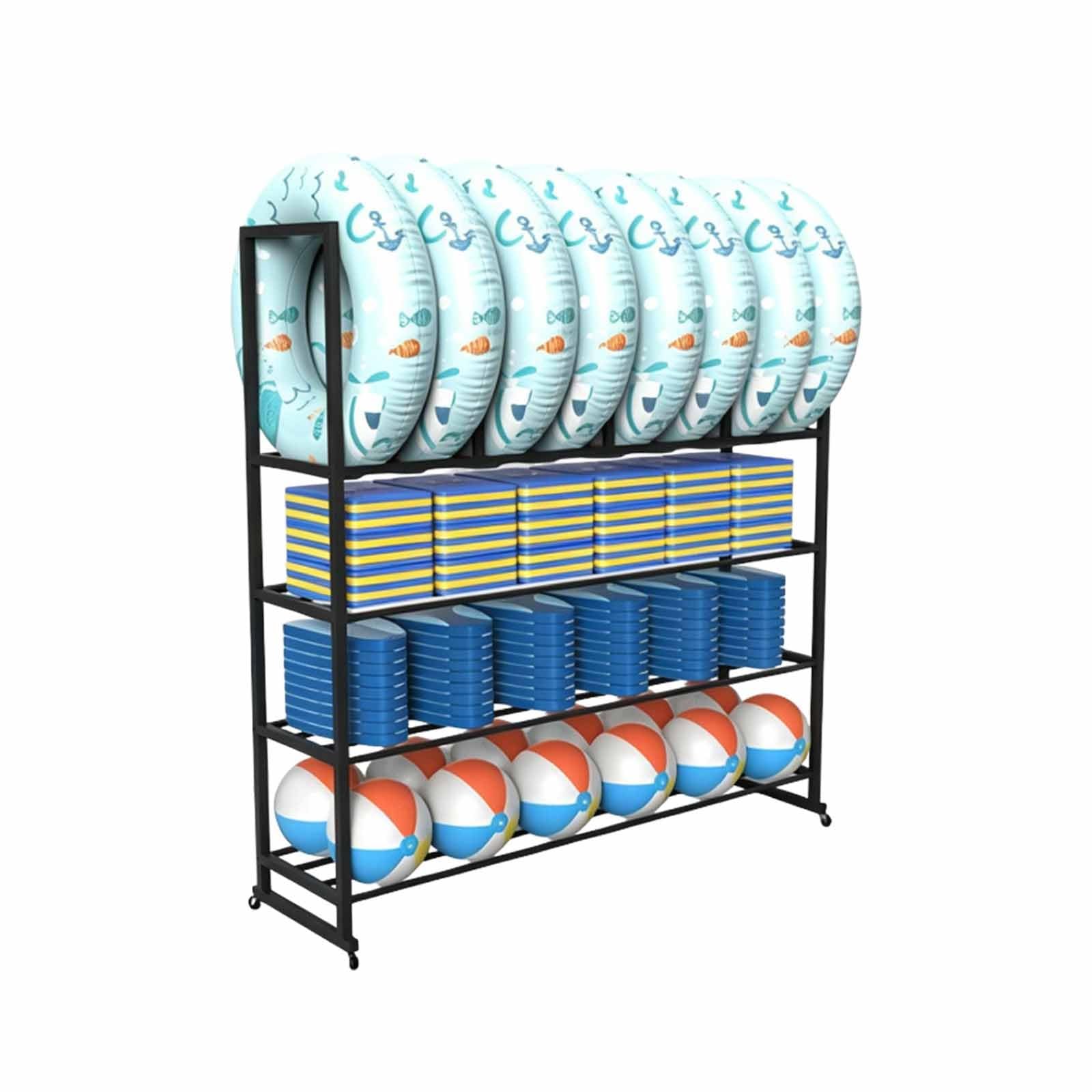 Asiwnshw 4-Tier Rolling Pool Float Storage Organizer, Swim Ring & Float Storage Rack, Metal Outdoor Poolside Beach Swimming Equipment for Swimming Ring, Floats, Raft, Towel