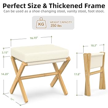 INMOZATA 40 Cm Upholstered Footstool Square Linen Stool With Padded Seat Pine Wood Legs Pouffe