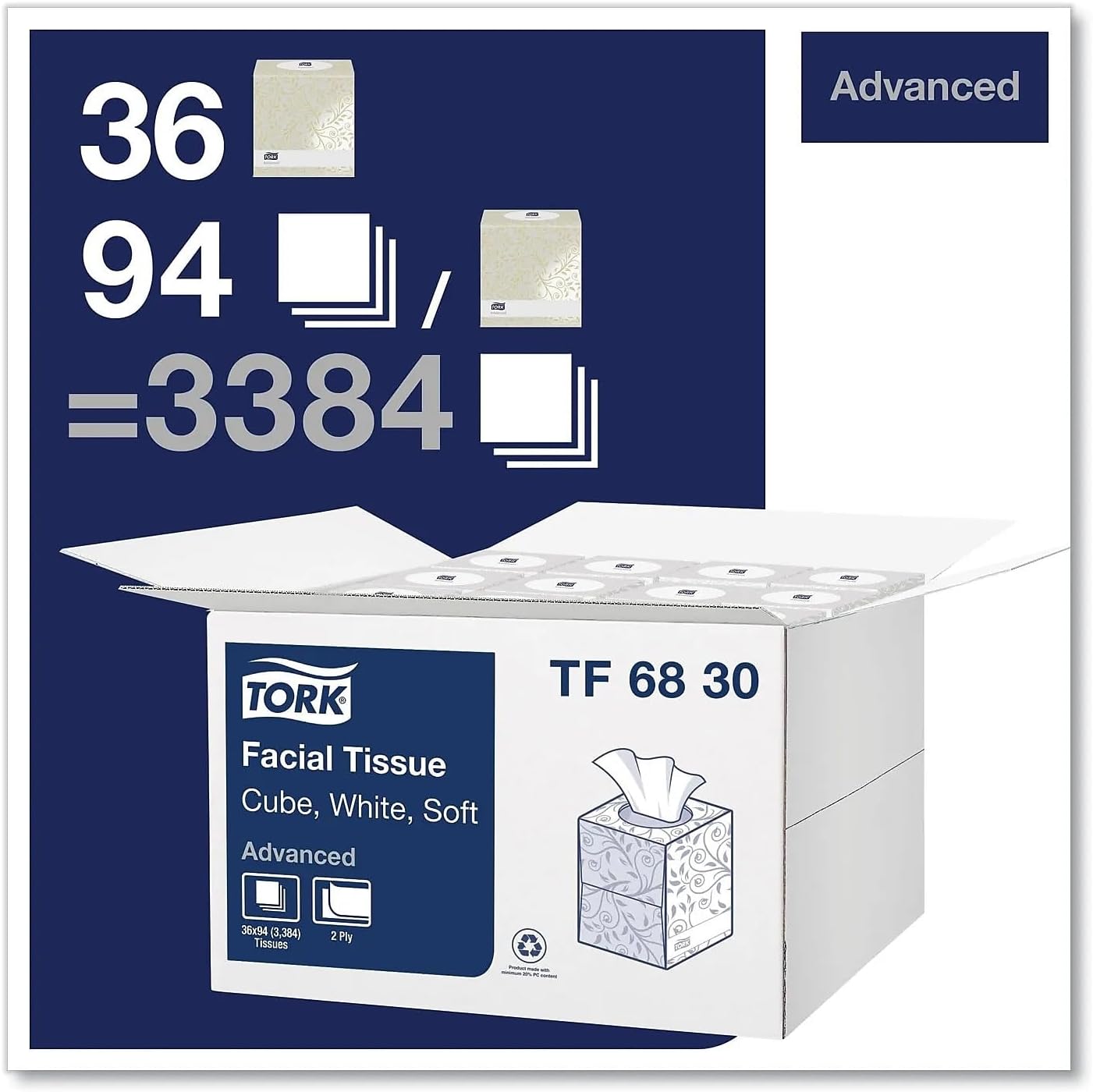 Tork Soft Facial Tissue Cube Box White, Advanced, 2-Ply, 36 x 94 Sheets, TF6830