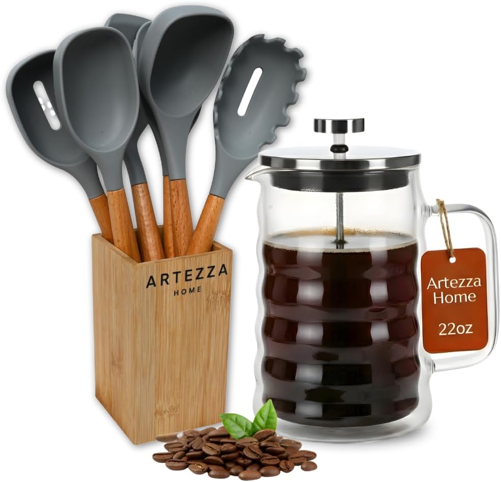 French Press Coffee Maker with Grey Silicone Utensil Set Bundle