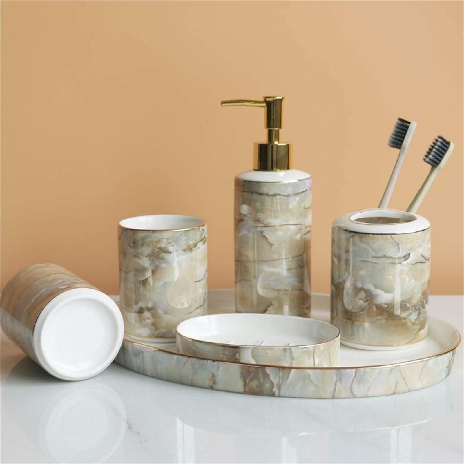 Set di accessori per il bagno 6 pezzi dispenser di sapone in ceramica portacollutorio portaspazzolino articoli da toeletta bagno Arredamento per gli affittuari