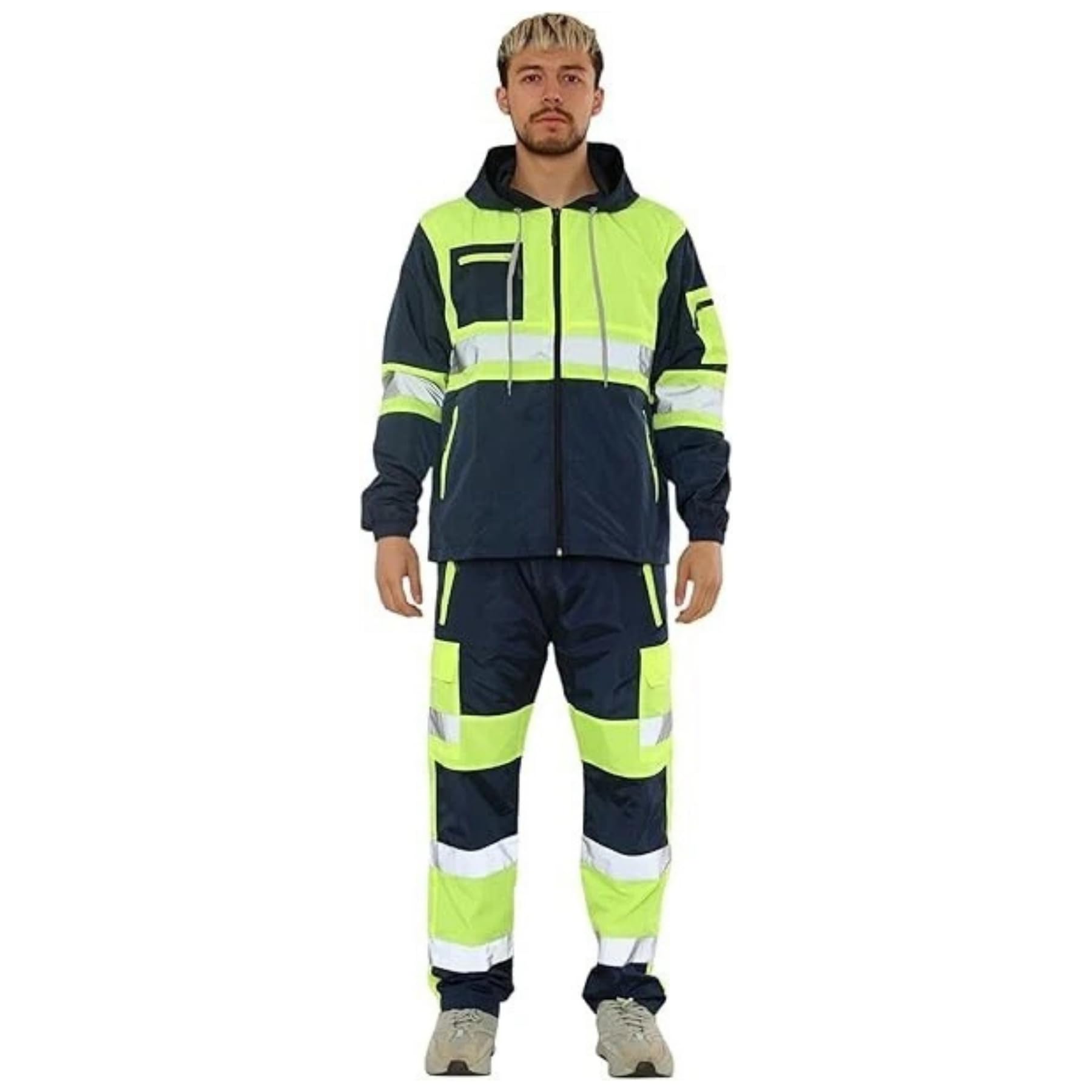 janisramone Męski dres odblaskowy o wysokiej widoczności, bluza z kapturem z długim rękawem, zapinana na zamek błyskawiczny, spodnie z elastyczną talią, deszcz, bezpieczna odzież robocza, wodoodporna