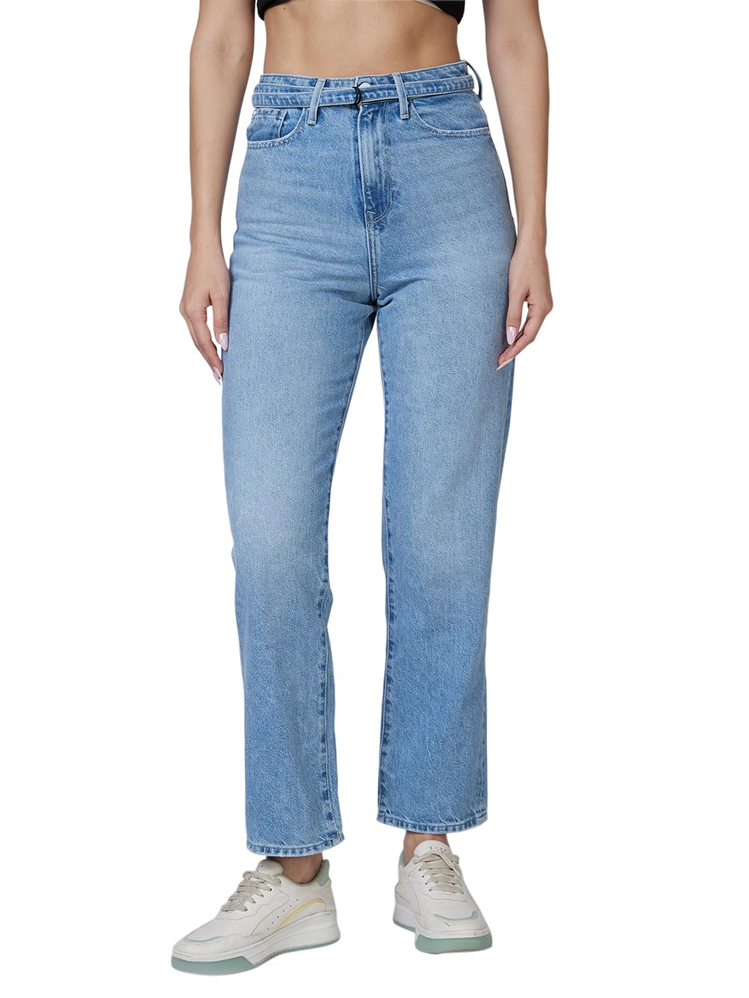 High Rise Straight Fit Blue Jeans for Women-image-1