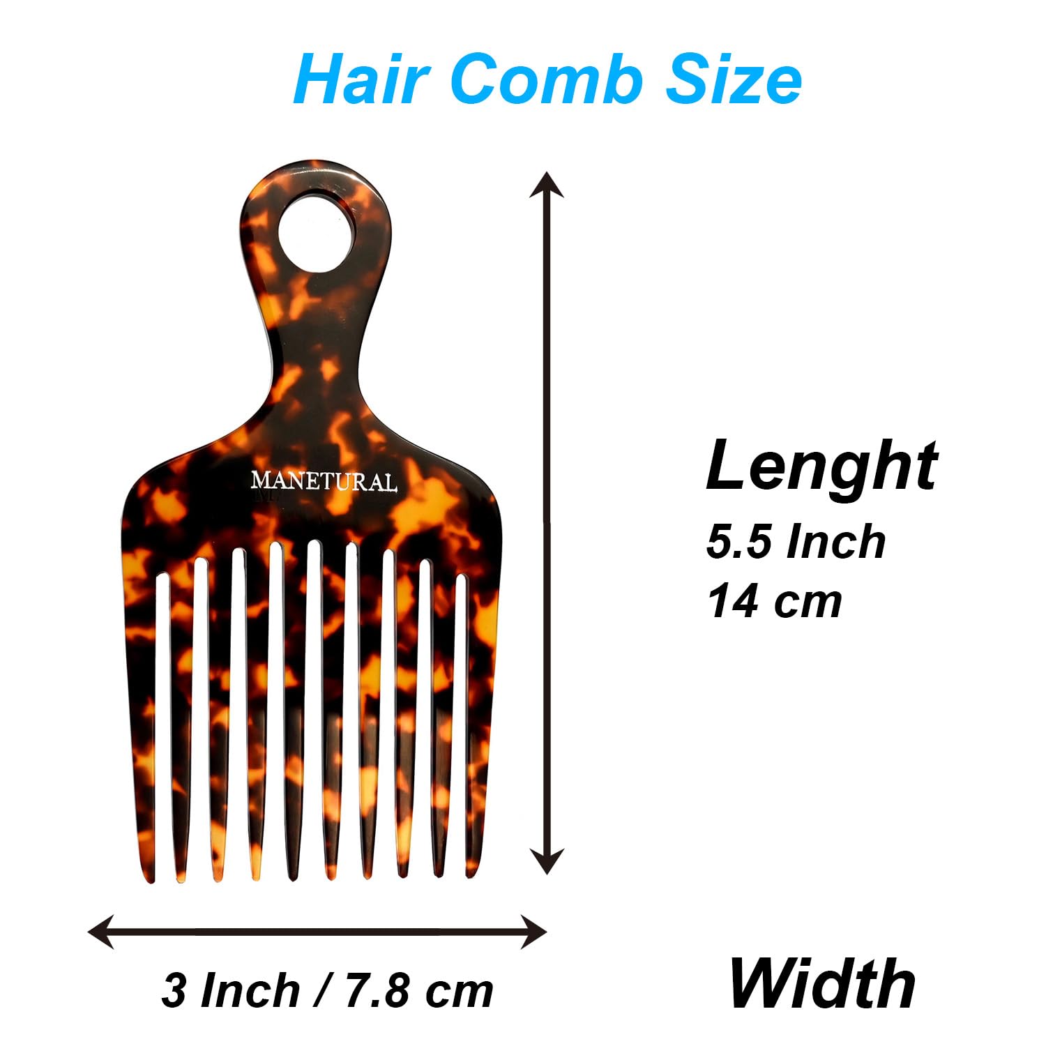 14MX Hair Pick for Women, Wide Tooth Afro Comb for Curly Hair, Cellulose Acetate, 5.5 inches(14 cm), Tortoise, 1 PACK - Image 4