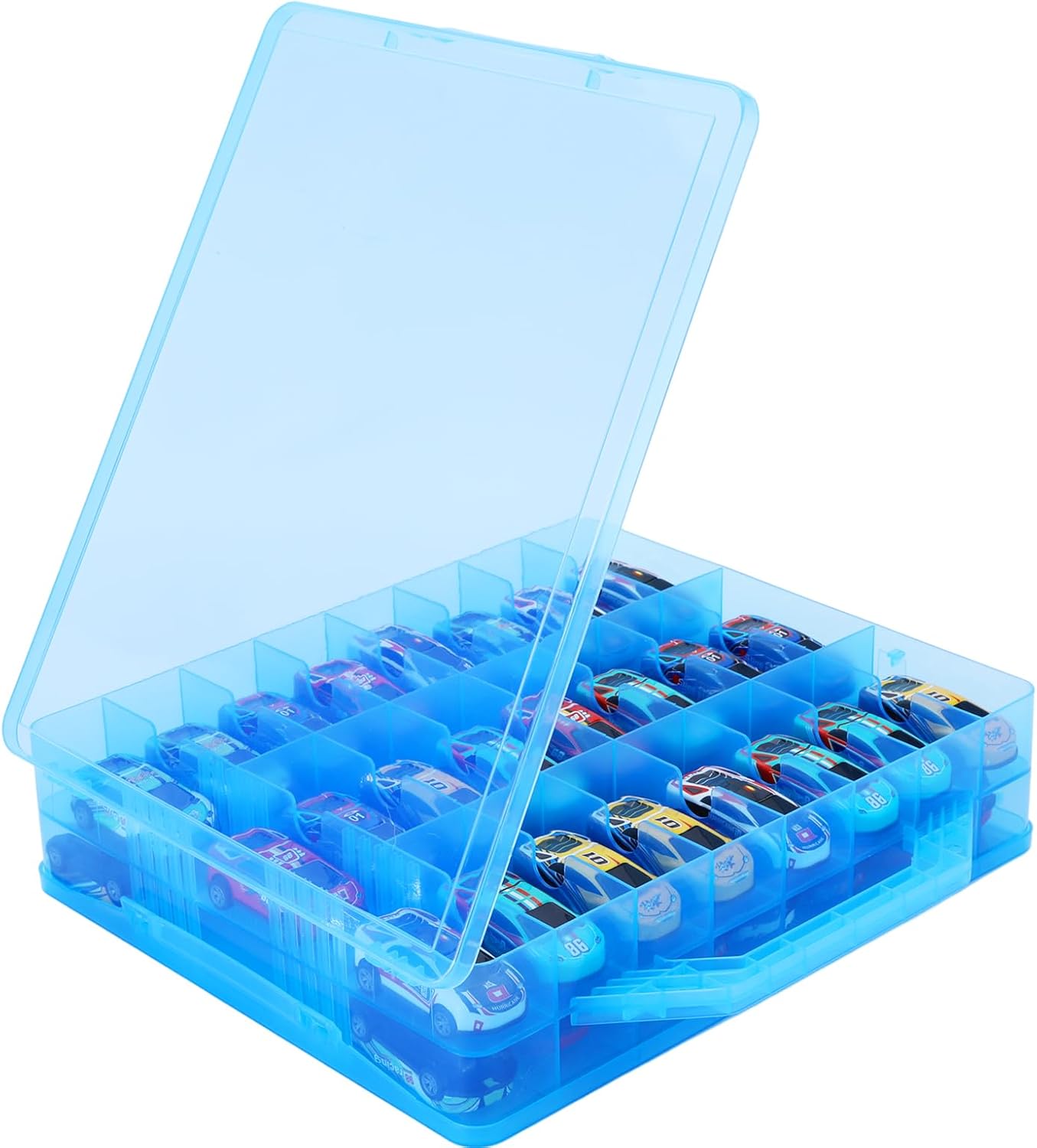 Toy Car Storage Organizer Case for Hot Wheels Car - Double Sided Display Carrying Container Holder for Matchbox Cars, LOL Surprise Dolls, and Shopkins - 48 Compartments.(Blue)