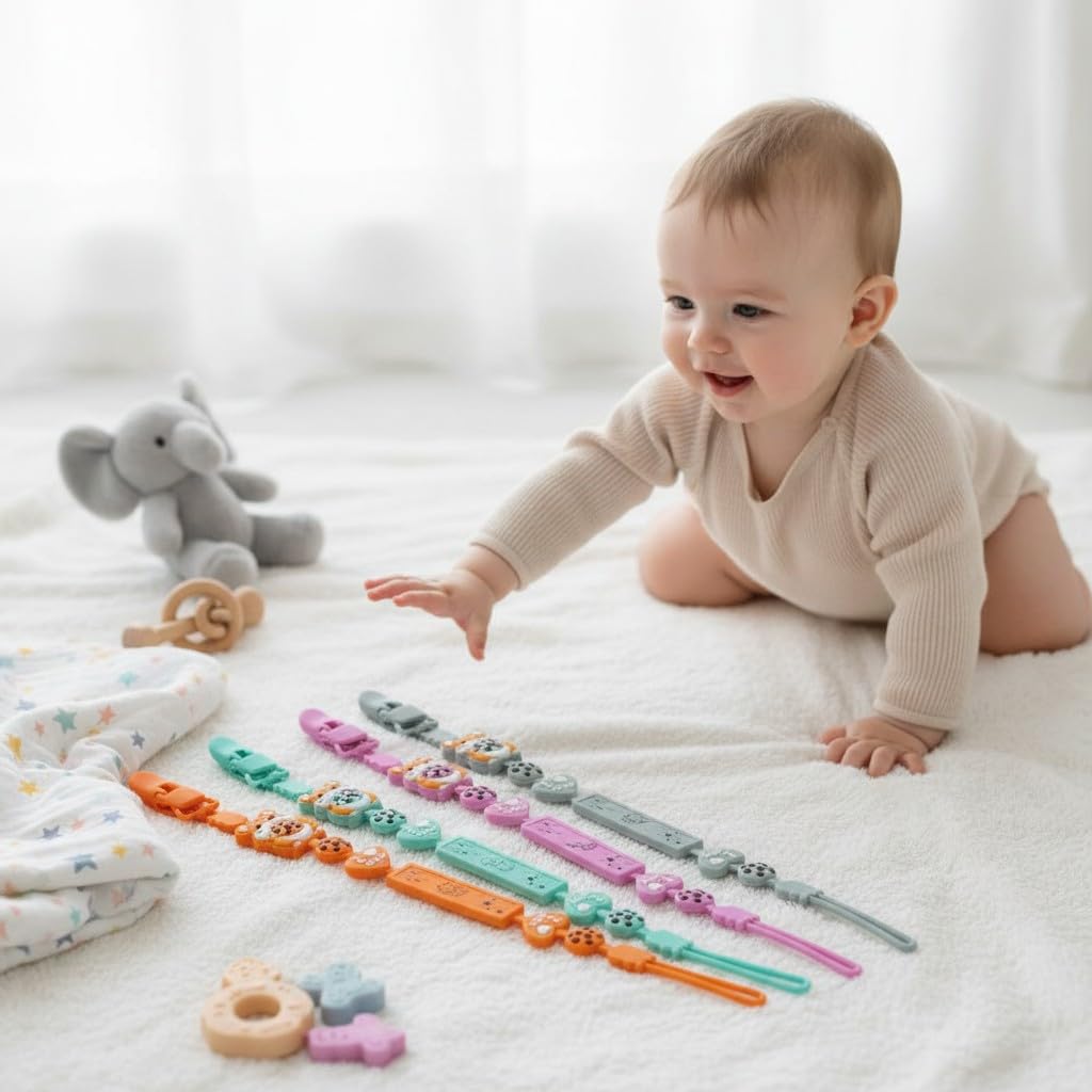 Catenella portaciuccio in silicone, 2 in 1 e design monoblocco, per neonati e ragazzi, senza BPA, confezione da 3 pezzi