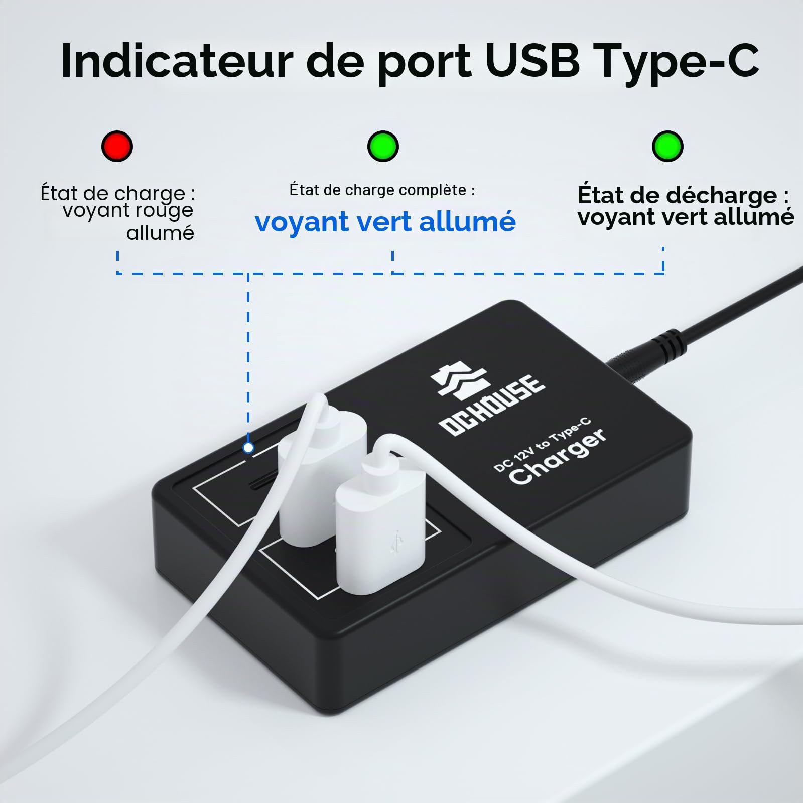DCHOUSE 12V 6Ah LiFePO4 Batterie avec chargeurs de Batterie 4A, DC 12V vers Type C et USB, convertisseur de Batterie pour Camping-Car, Chariot de Golf, Tondeuse à Gazon, Panneau Solaire, Camping
