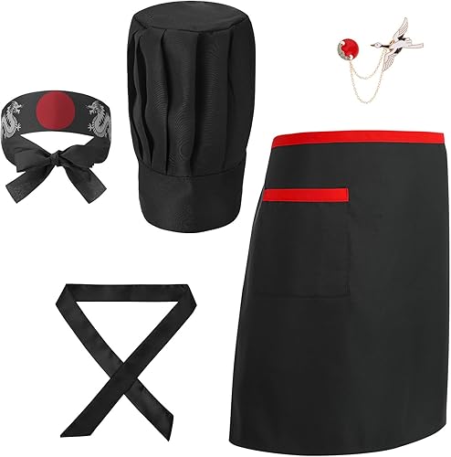 Miniatura 8 de Hibachi - Conjunto de disfraz de chef y delantal, disfraz de teppanyaki japonés completo profesional con sombrero de chef alto