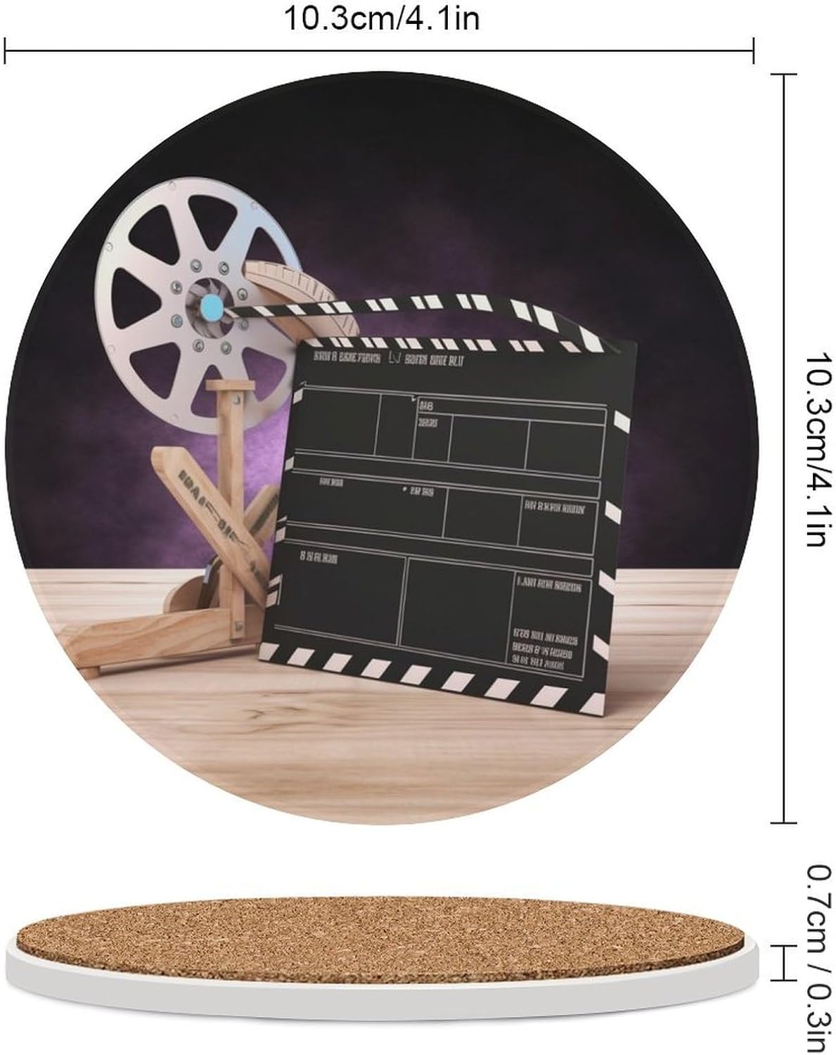 6PCS Movies Clapperboard Coasters Non-Slip Round Drink Coasters with Ceramic Stone and Cork Base, Heat Resistant Absorbent 33.00Stone Coaster Set for Kinds of Mugs and Cups, 4 Inch