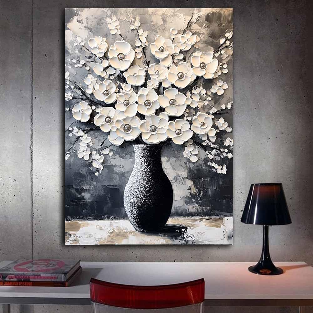 WUFIEA Semplice arte botanica Stampe su Canvas Fiori bianchi disposti in vaso per Camera da Letto Agriturismo Soggiorno Bagno(beige)-60x90cm Incorniciato