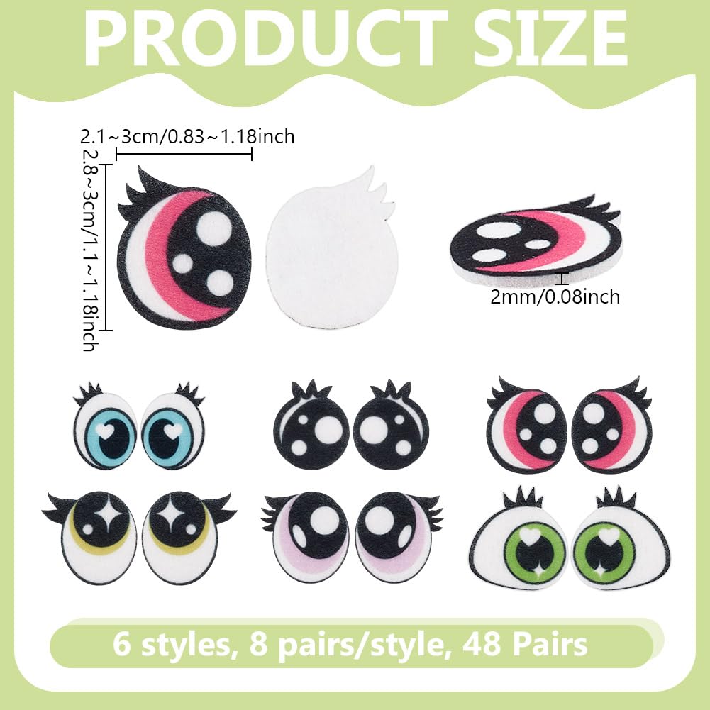 NBEADS 48 Pairs 6 Styles Felt Eyes for Crafts, Plush Animals Making Eyes Felt Eyes with Lashes Large Crochet Eyes for DIY Crochet Animal Making Craft