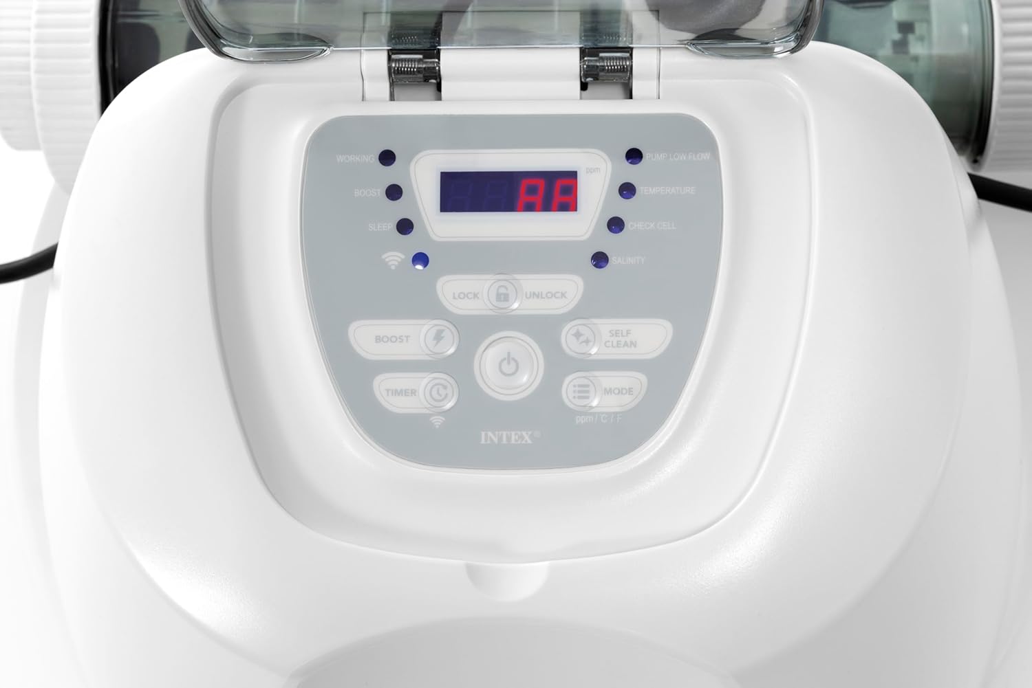 Close-up of the Intex QS1600 Plus Krystal Klear Saltwater System control panel