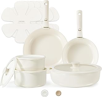 CAROTE 15pcs Ceramic Cookware Set, Pots and Pans Set Non Stick, Induction Kitchen Cookware, Non Stick RV Cookware Set with Detachable Handle, Dishwasher/Oven Safe, Cream White