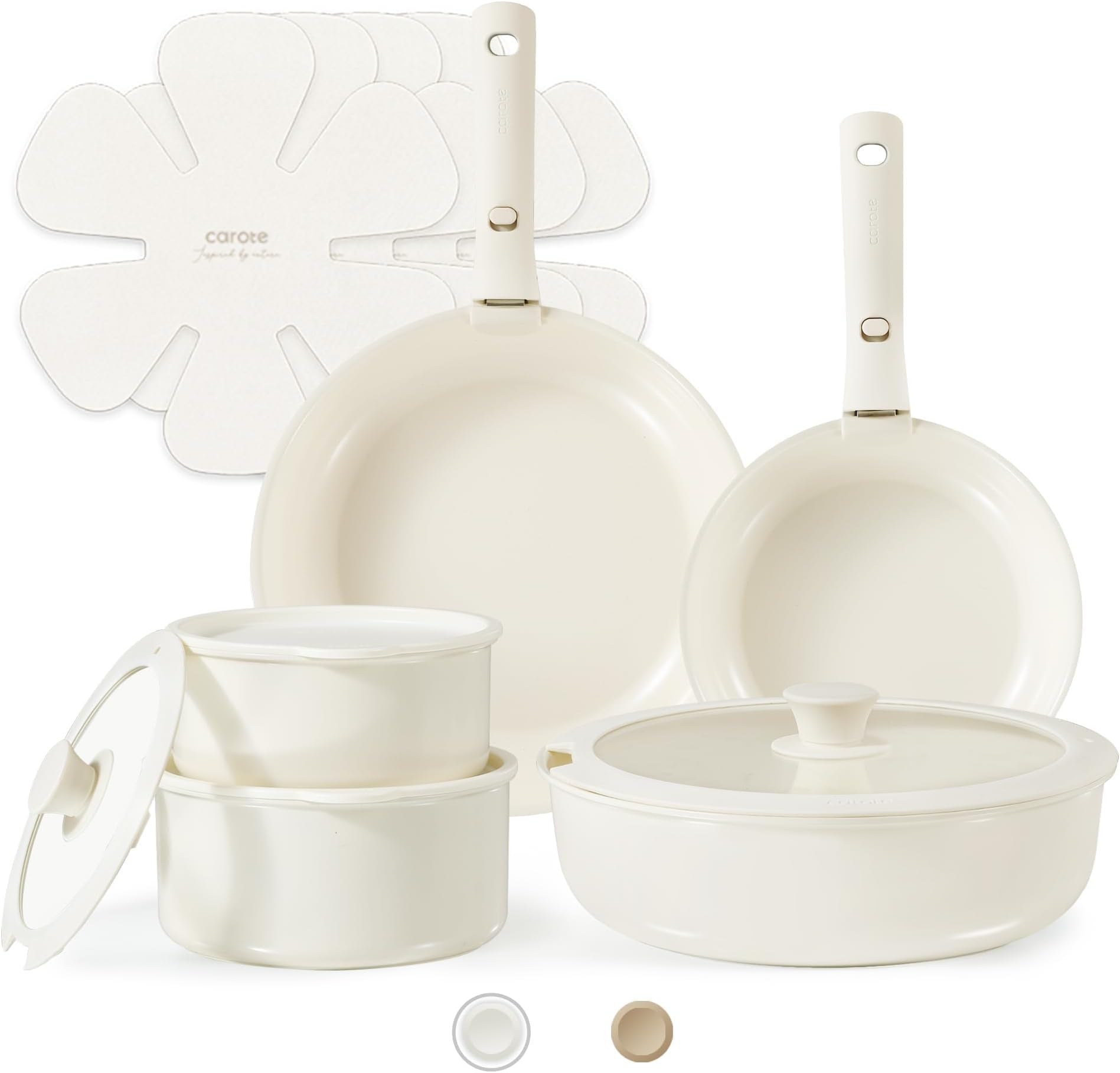 15pcs Ceramic Cookware Set, Pots and Pans Set Non Stick, Induction Kitchen Cookware, Non Stick RV Cookware Set with Detachable Handle, Dishwasher/Oven Safe, Cream White