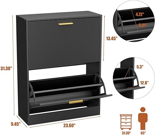 Miniatura 2 de NOVAMAISON Juego de 2 gabinetes estrechos para zapatos, armario de almacenamiento oculto negro para entrada con 2 puertas abatibles, organizador de