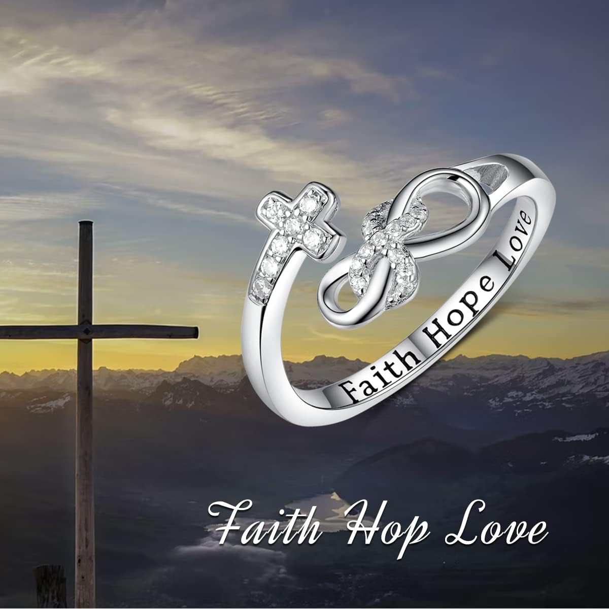 TYSO Faith Hope Love Cross Rings 925 Sterling Silver CZ Infinity Adjustable Wrap Rings Inspirational Jewelry Gifts for Women - Image 2