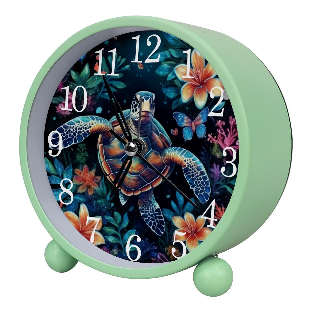 Luoweisi Alarm Clock Turtle Flowers, Silent Non-Ticking with Night Light