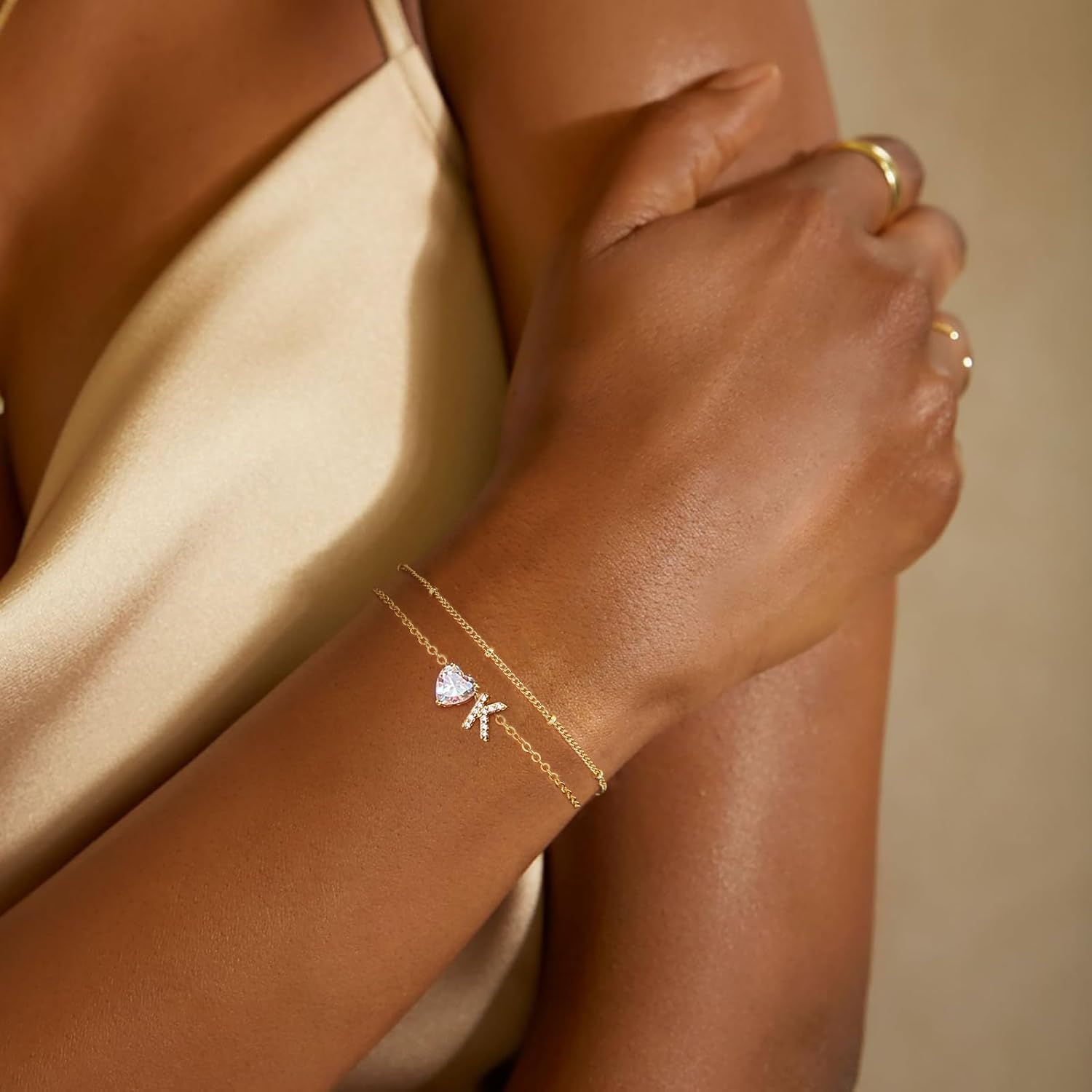 Gold Initial Bracelets for Women Dainty 14K Gold Plated Layered Beaded Bracelets for Women Non Tarnish A-Z Heart Letter Charm Personalized Birthday Gifts - Image 2