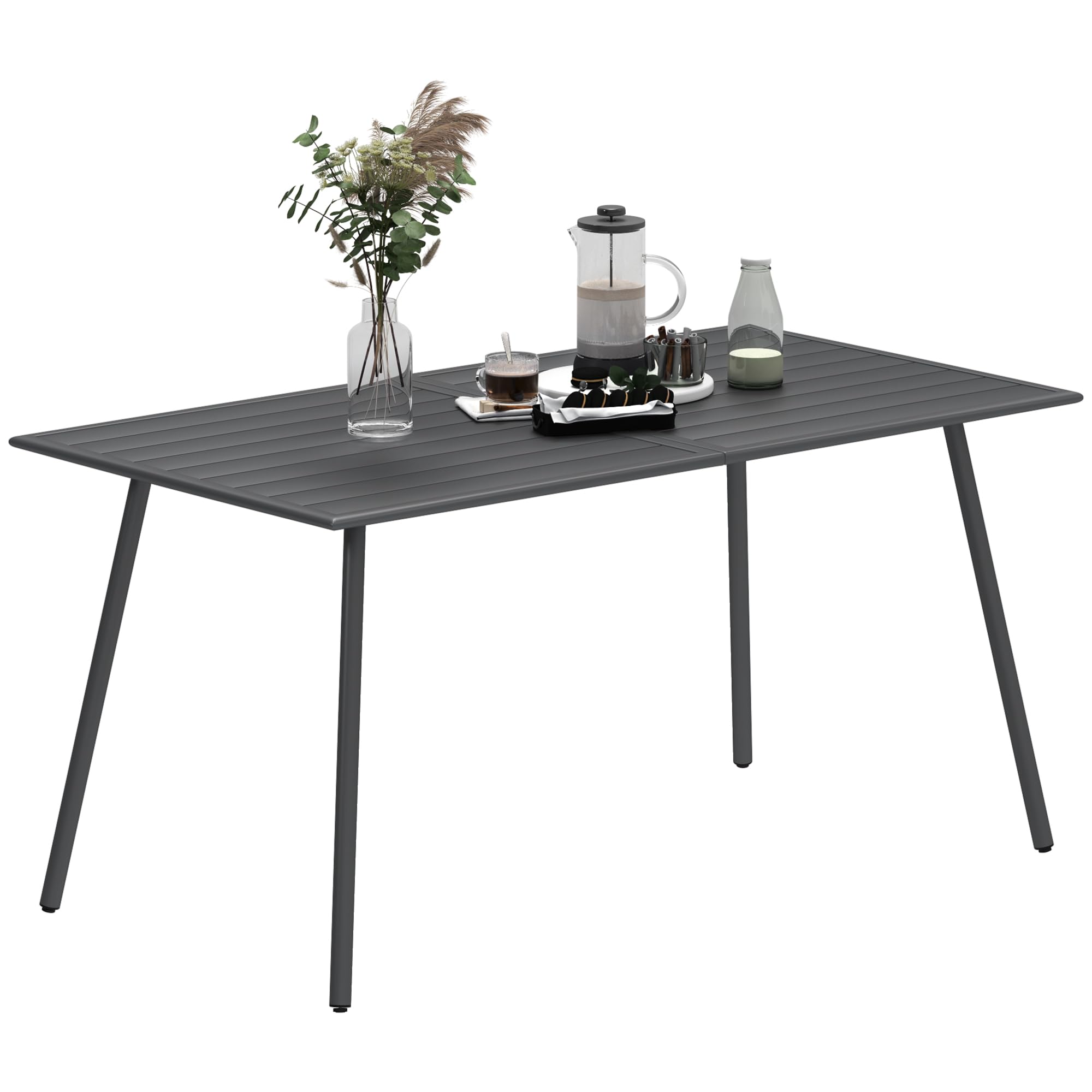 Outsunny Unisex Grey Garden Dining Table For 6 Person With Slat Top, Steel Frame,