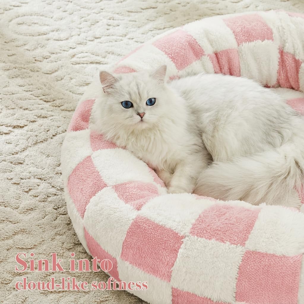 Ohocut Checkered Cat Dog Bed, Cute Girly Pink Retro Style Aesthetic Round Warming Pet Calming Beds for Small Dog and Cats, Plush Cozy Donut Beds Washable, 23" L x 23" W x 8" Th