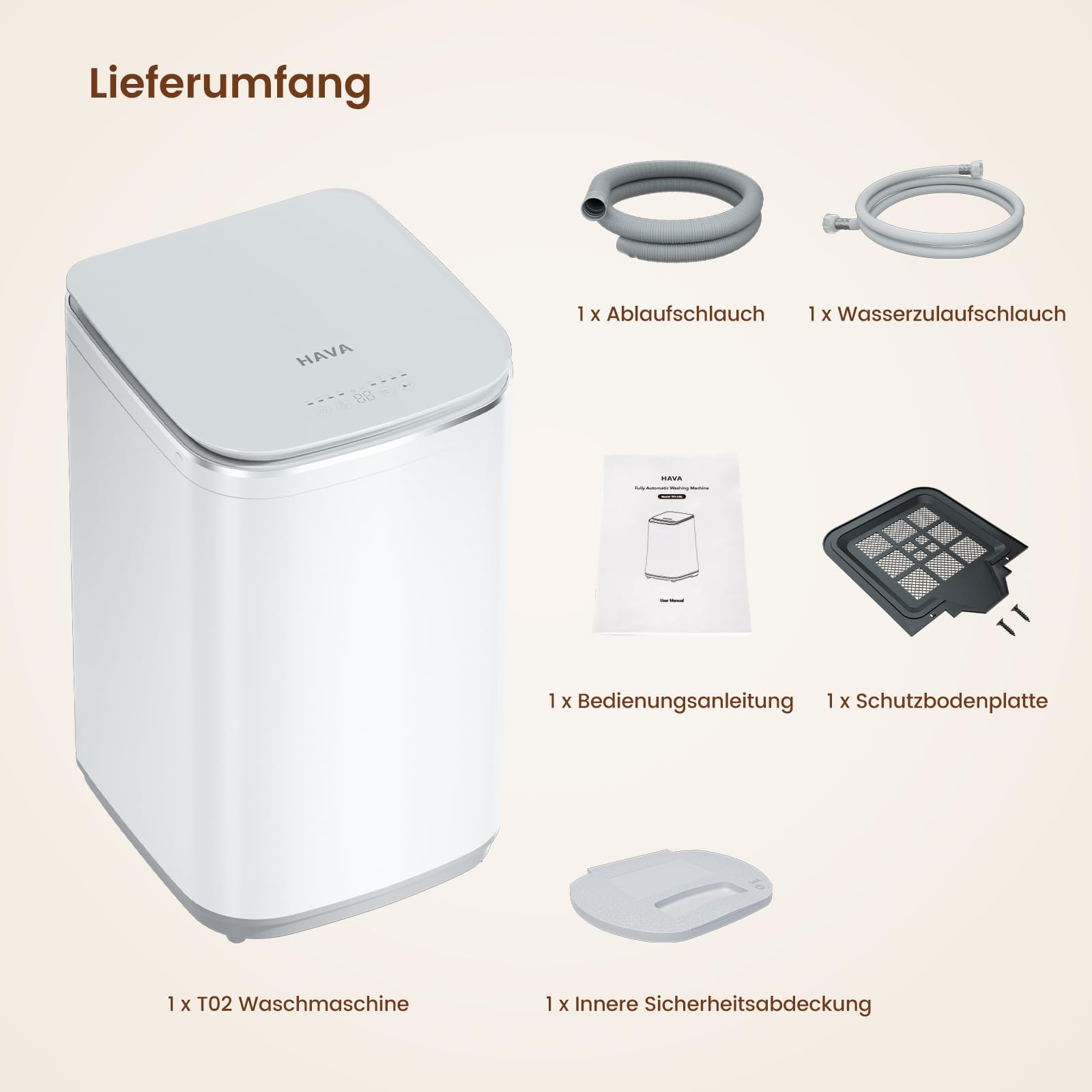 HAVA Mini Waschmaschine 3 kg Vollautomatisch 8 Programme Heißwaschfunktion Ablaufpumpe Platzsparend
