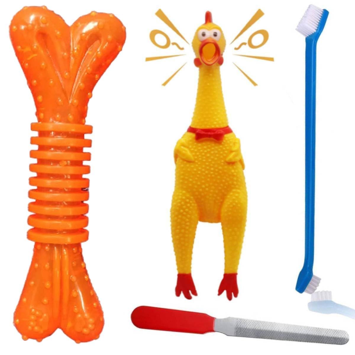YOUHAVEDEAL Squawking Chicken Rubber Squeeze Dog Toys + Dog Toothbrush for Teeth + Flavor Chew Rubber Bone Toys - Pack of 4 (Free Nail Filler) (B0CGDTDTT1) Amazon Price History, Amazon Price Tracker